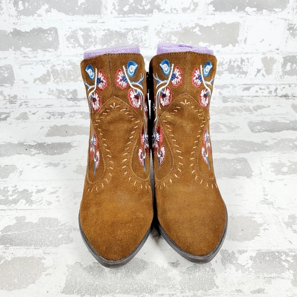 Carlos Vivien Brown Suede Floral Block Heel Zip Up Ankle Boots O190 - Picture 3 of 13